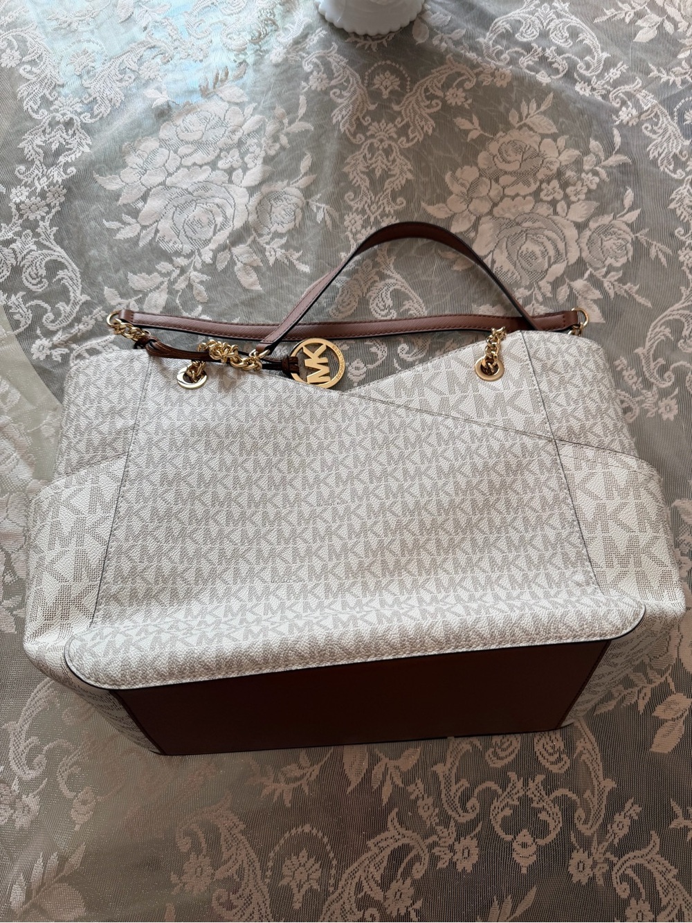 Michael Kors White MK Logo Tote with Brown Trim and Gold Accent